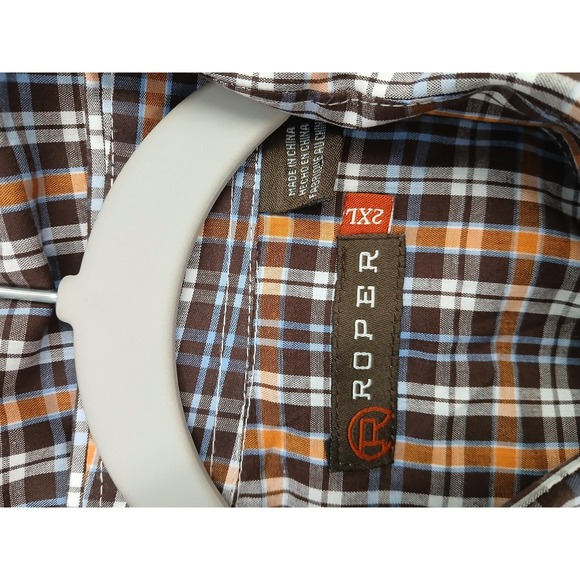Roper‎ Shirt Mens 2XL Brown Orange Plaid Western Pearl Snap Long Sleeve Cowboy - Picture 2 of 7